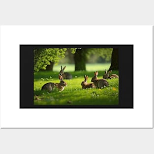 Meadow with rabbits landscape Posters and Art